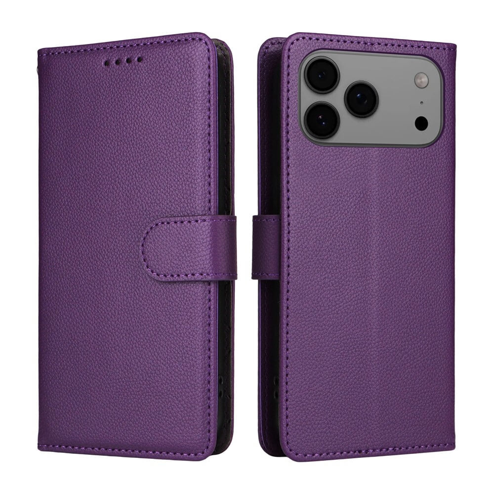 Zwei Ansichten der Cover-Discount iPhone 17 Pro Lederoptik-Hülle mit strukturierter Oberfläche: einmal geschlossen, einmal offen mit Handy. Mit Brieftaschenfunktion und integriertem RFID-Schutz für sichere Kartenaufbewahrung.