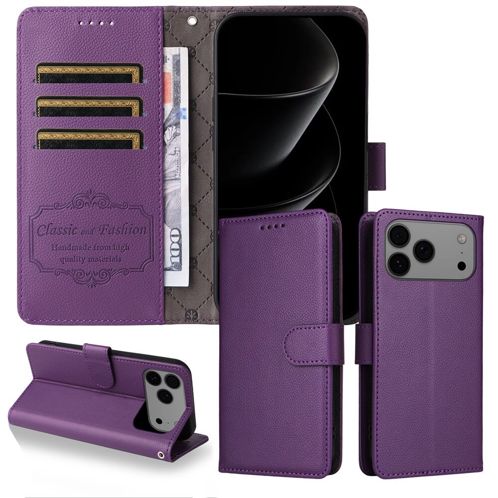 Die Cover-Discount iPhone 17 Pro Lederoptik-Hülle mit strukturierter Oberfläche bietet Kartenslots, Geldfach, Brieftaschenfunktion, RFID-Schutz und Standfunktion und ist hier als lila Handyhülle mit Smartphone abgebildet.
