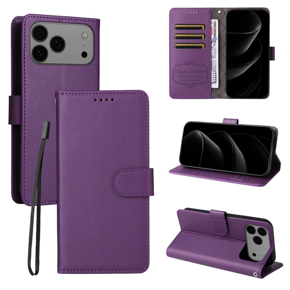 Cover-Discount iPhone 17  Pro Lederoptik-Hülle mit strukturierter Oberfläche, Brieftaschenfunktion, Kartenfächern, RFID-Schutz, praktischem Handgelenkband und Standfunktion - aus verschiedenen Blickwinkeln gezeigt.