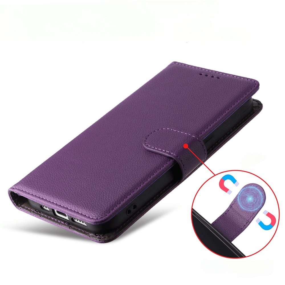 Cover-Discount iPhone 17  Pro Lederoptik-Hülle mit strukturierter Oberfläche in Lila, magnetischem Verschluss und Brieftaschenfunktion für praktische Kartenaufbewahrung.