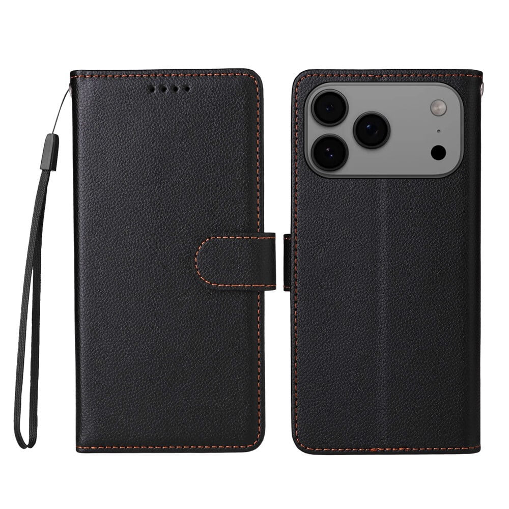 Die Cover-Discount iPhone 17 Pro Lederoptik-Hülle mit strukturierter Oberfläche bietet RFID-Schutz, Brieftaschenfunktion, Handgelenkband und Kameraausschnitt - offen und geschlossen mit stilvollen Nähten präsentiert.