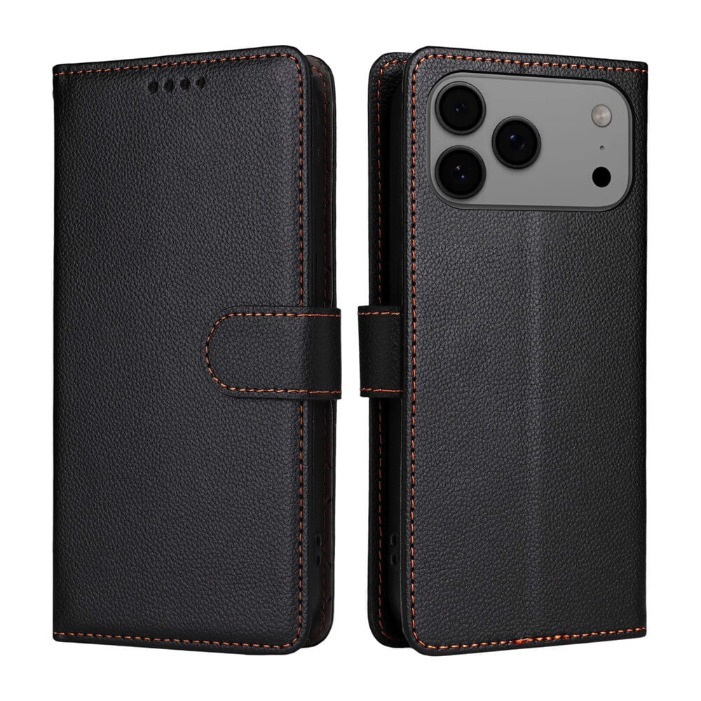 Die Cover-Discount iPhone 17 Pro Lederoptik-Hülle mit strukturierter Oberfläche, orangefarbener Naht und praktischer Brieftaschenfunktion wird offen und geschlossen präsentiert - mit sichtbarem Kameraschnitt.