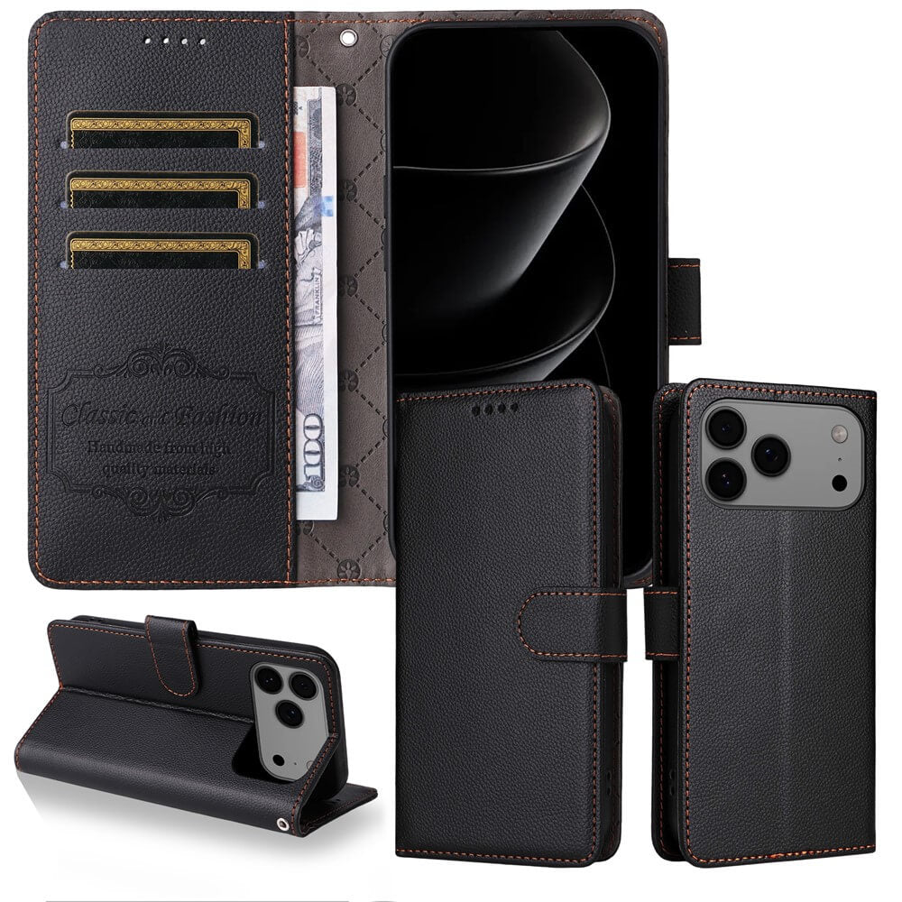 Die Cover-Discount iPhone 17 Pro Lederoptik-Hülle mit strukturierter Oberfläche bietet Kartenfächer, Geldfach, Standfunktion und RFID-Schutz - für optimalen Schutz und Komfort.