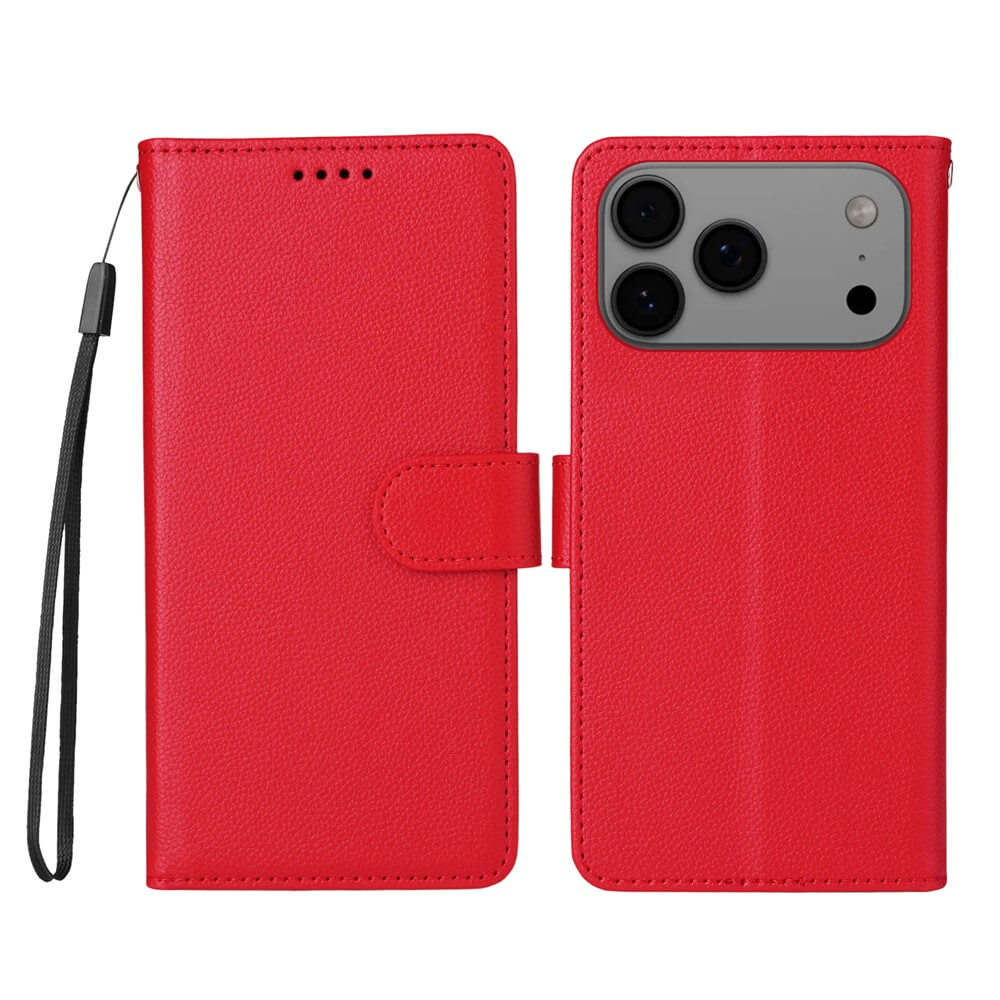 Die Cover-Discount iPhone 17 Pro Lederoptik-Hülle mit strukturierter Oberfläche bietet RFID-Schutz, Brieftaschenfunktion und Handgelenksschlaufe; offen und geschlossen mit großzügigen Kameraausschnitten gezeigt.