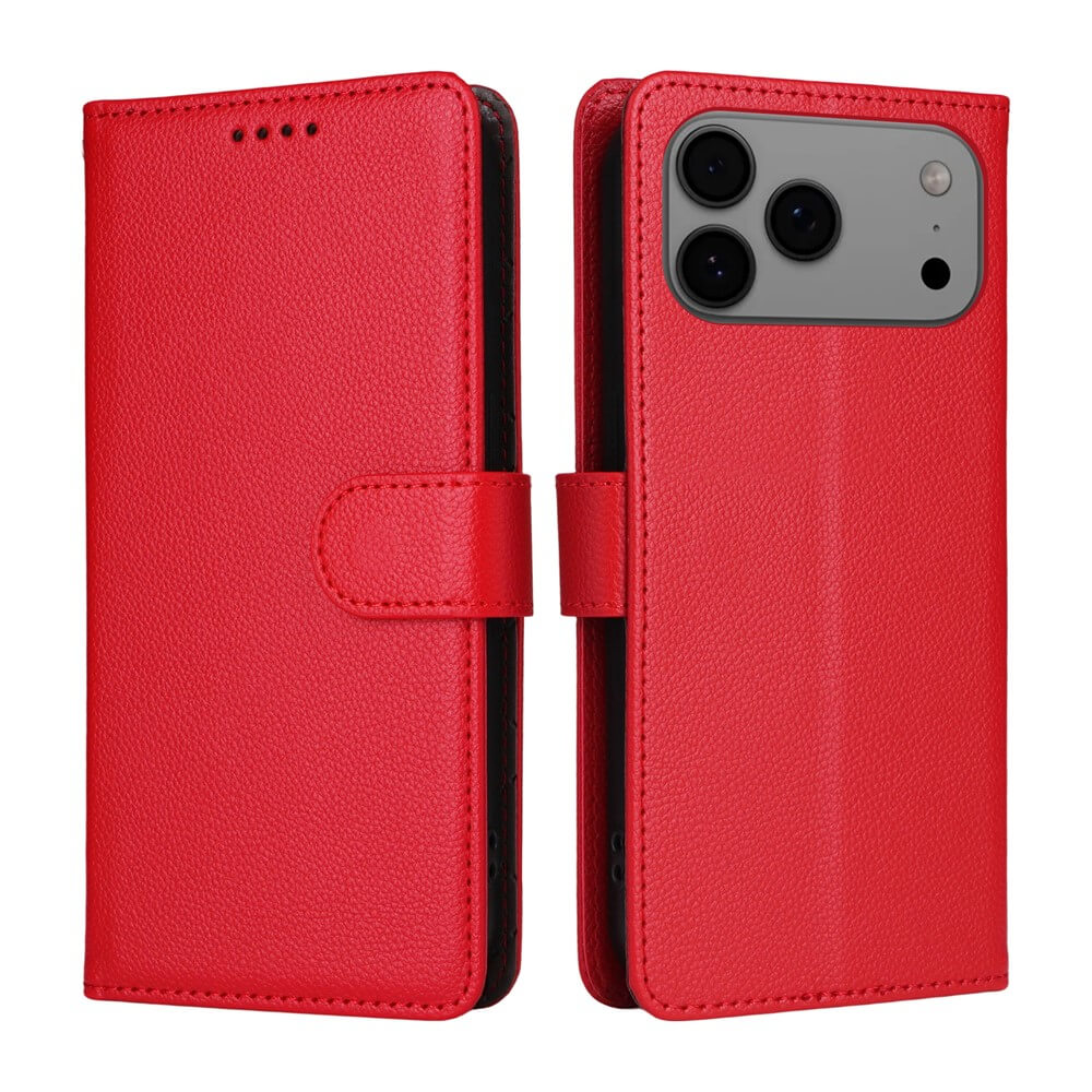 Zwei Ansichten der Cover-Discount iPhone 17 Pro Lederoptik-Hülle mit strukturierter Oberfläche in Rot: eine offene, die die Vorderseite mit Brieftaschenfunktion zeigt, und eine geschlossene, die die strukturierte Rückseite zeigt.