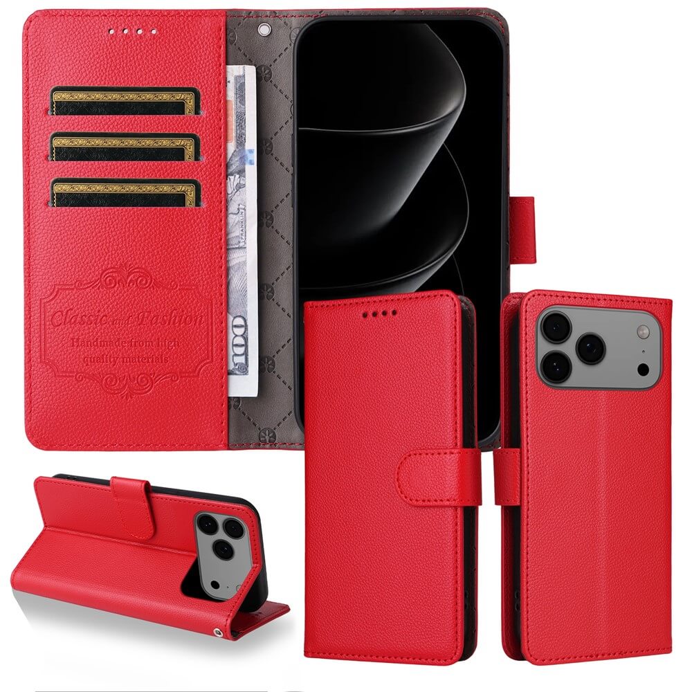 Die Cover-Discount iPhone 17 Pro Lederoptik-Hülle mit strukturierter Oberfläche bietet Kartenfächer, ein Geldfach, Brieftaschenfunktion und RFID-Schutz. Abgebildet offen, geschlossen und als praktischer Ständer.