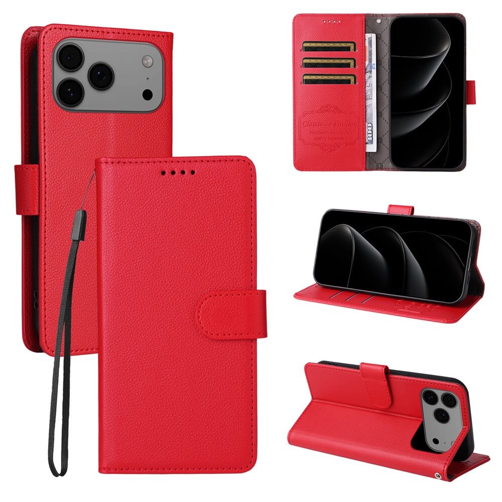 Die Cover-Discount iPhone 17 Pro Lederoptik-Hülle mit strukturierter Oberfläche bietet Kartenfächer, Brieftaschenfunktion, RFID-Schutz, Handschlaufe und Kickstand und wird aus verschiedenen Blickwinkeln präsentiert.