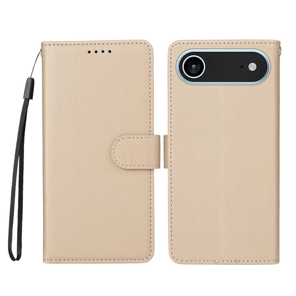 #farbe_beige|Cover-Discount iPhone 17 Air Lederoptik-Hülle mit strukturierter Oberfläche, RFID-Schutz, Brieftaschenfunktion und Trageschlaufe; offen abgebildet mit Sicht auf Vorder- und Rückseite.