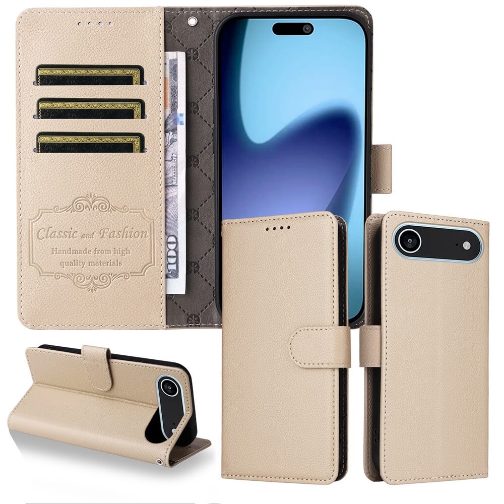 #farbe_beige|Die Cover-Discount iPhone 17 Air Lederoptik-Hülle mit strukturierter Oberfläche bietet Brieftaschenfunktion, Kartenfächer, Geldscheinfach, Standfunktion und RFID-Schutz - abgebildet mit eingelegtem Smartphone.