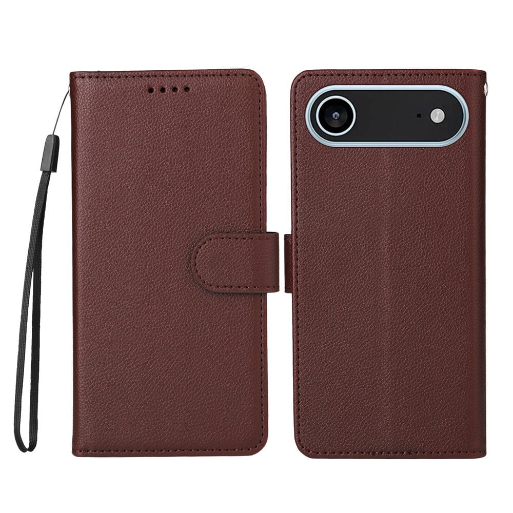 Braune Lederoptik-Hülle mit strukturierter Oberfläche von Cover-Discount für iPhone 17 Air, zeigt Vorder- und Rückseite. Mit Brieftaschenfunktion, RFID-Schutz und praktischem Handgelenkriemen für sichere, elegante Aufbewahrung Ihrer Karten.