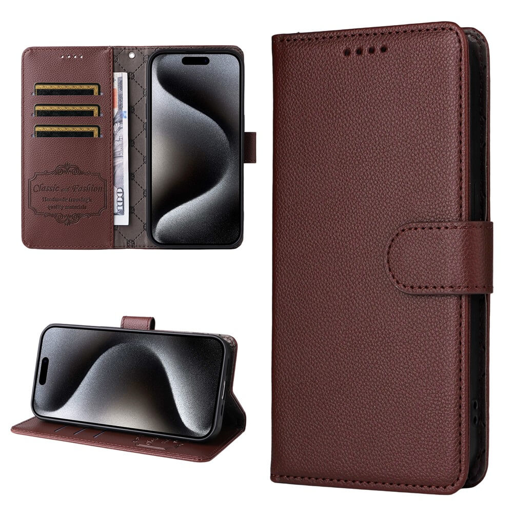 Die Cover-Discount iPhone 17 Air - Lederoptik-Hülle mit strukturierter Oberfläche verfügt über RFID-Schutz, Kartenfächer, Magnetverschluss und Standfunktion. Brieftaschenfunktion aus mehreren Perspektiven gezeigt.