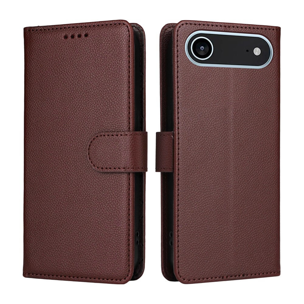 Die Cover-Discount iPhone 17 Air Lederoptik-Hülle mit strukturierter Oberfläche zeigt sich vorne und hinten geschlossen, bietet Brieftaschenfunktion, Magnetverschluss und zuverlässigen RFID-Schutz für Ihre Karten.