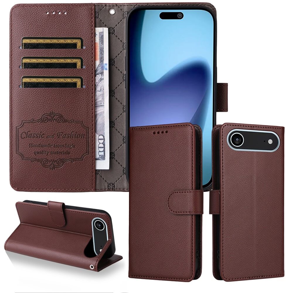 Die Cover-Discount iPhone 17 Air - Lederoptik-Hülle mit strukturierter Oberfläche bietet Brieftaschenfunktion, RFID-Schutz, Kartenfächer, Geldfach und Standfunktion für Ihr Smartphone.