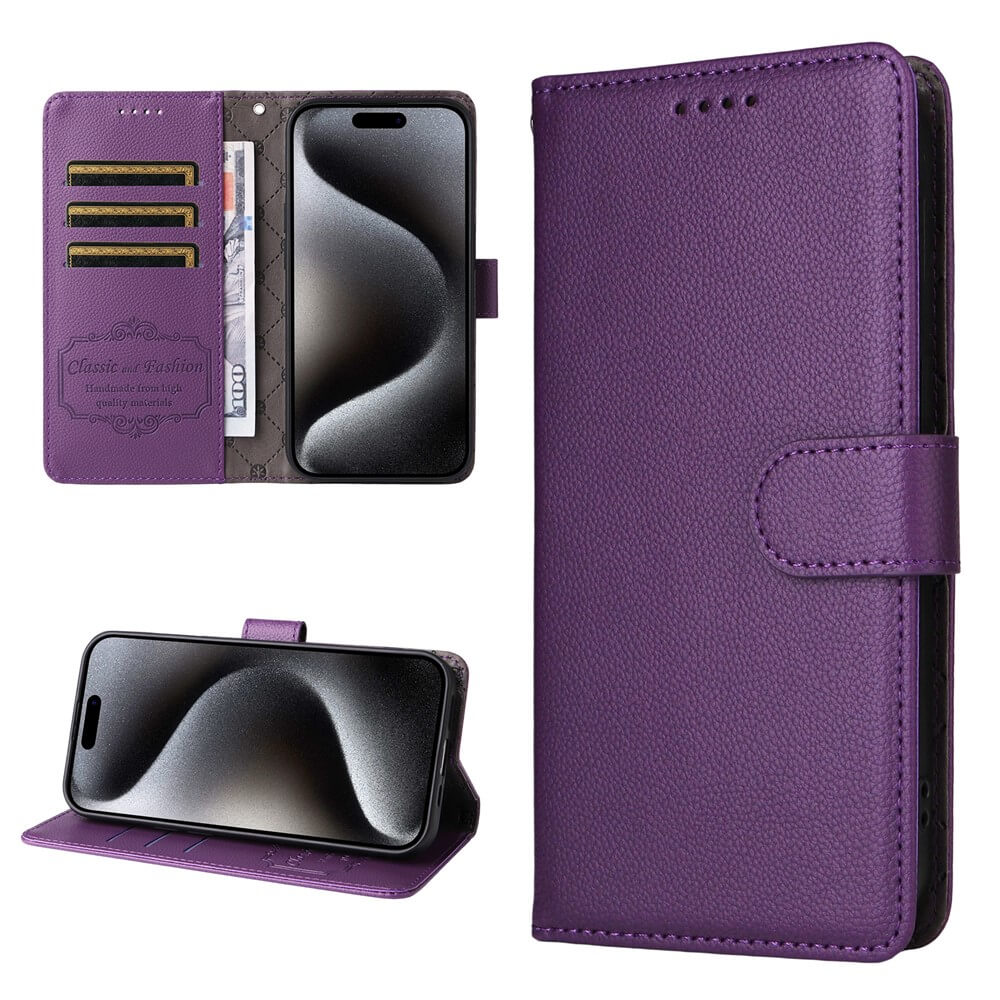 Die Cover-Discount iPhone 17 Air Lederoptik-Hülle mit strukturierter Oberfläche bietet Kartenfächer, Geldscheinfach, RFID-Schutz und Standfunktion. Die Hülle ist offen und geschlossen abgebildet.