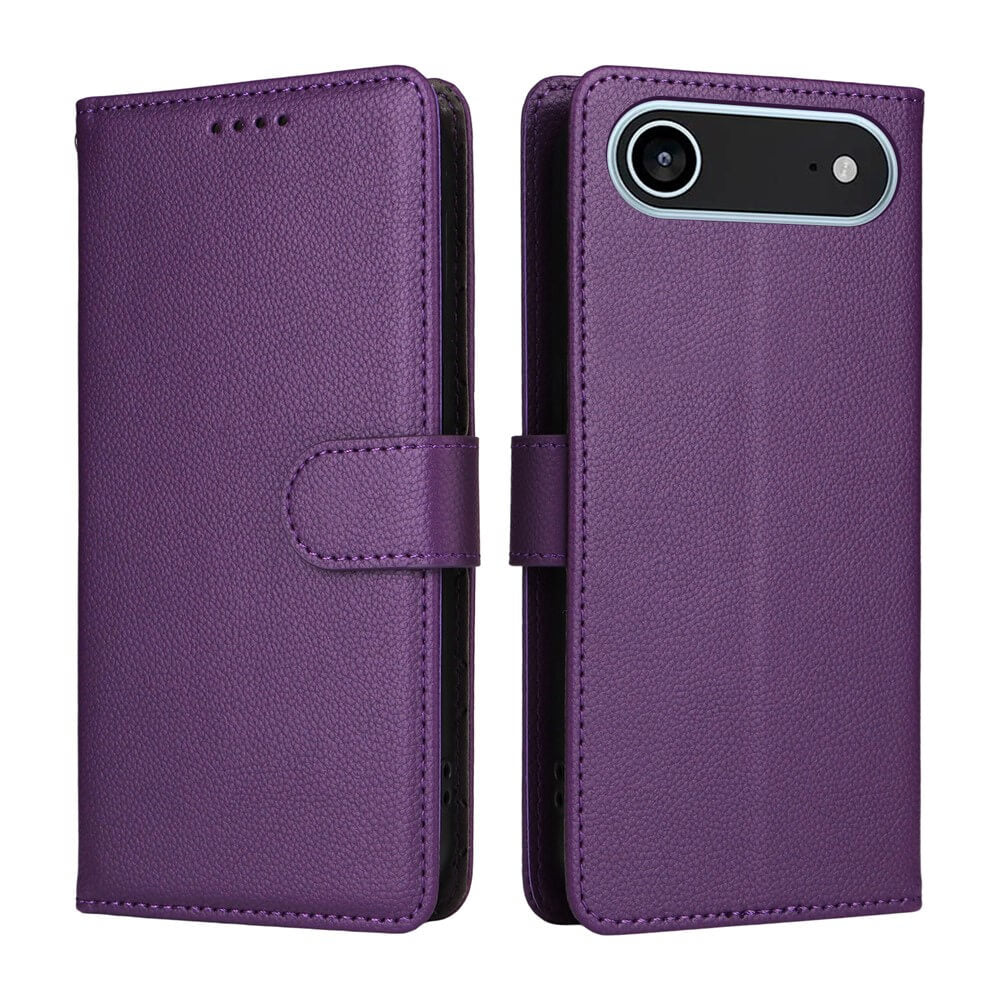 Die Cover-Discount iPhone 17 Air Lederoptik-Hülle mit strukturierter Oberfläche bietet Brieftaschenfunktion, Kameraausschnitt und RFID-Schutz. Abgebildet offen und geschlossen.