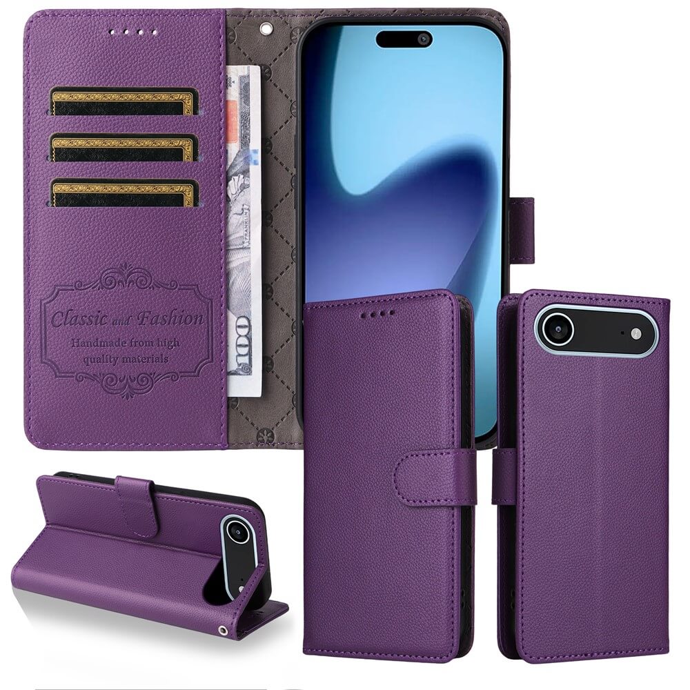 Cover-Discount iPhone 17 Air Lederoptik-Hülle mit strukturierter Oberfläche, Brieftaschenfunktion, Kartenfächern, Scheinfach, Magnetverschluss, RFID-Schutz und Standfunktion; abgebildet mit Smartphone.