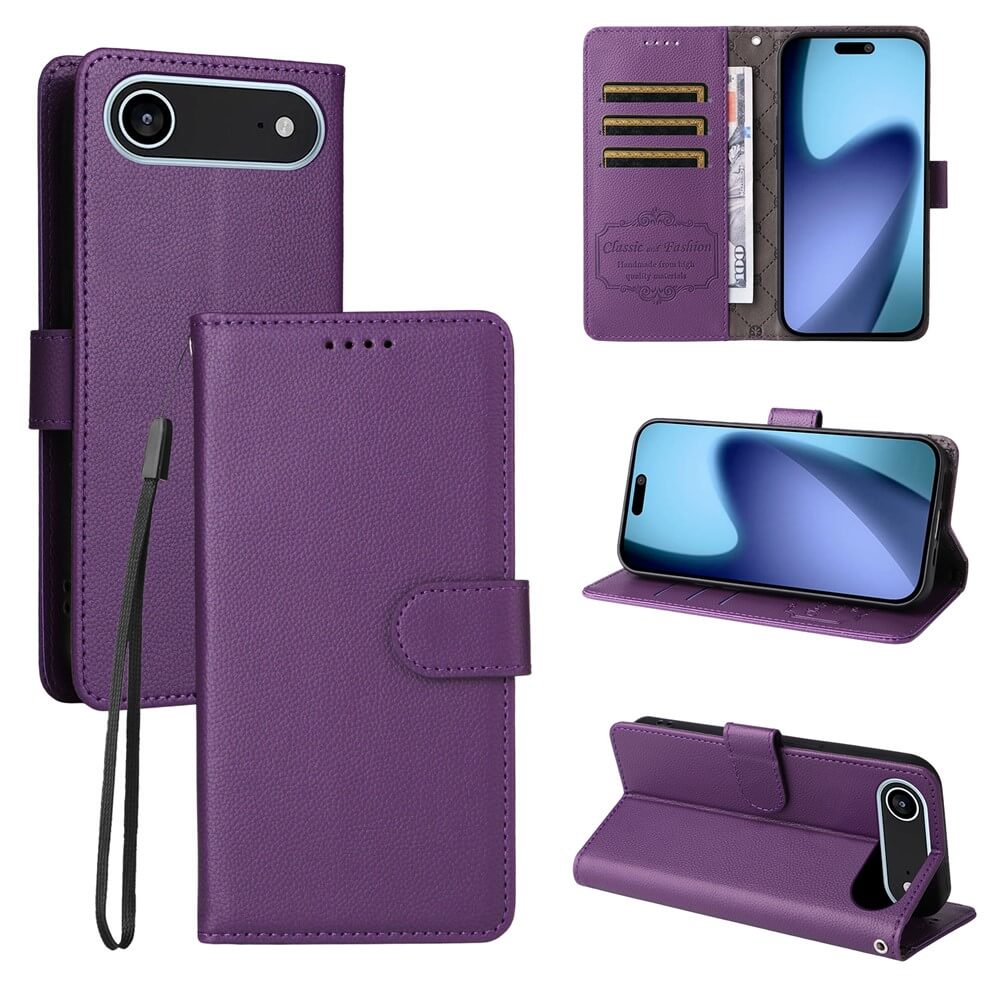Die iPhone 17 Air - Lederoptik-Hülle mit strukturierter Oberfläche von Cover-Discount zeigt sich geschlossen, offen mit Karten dank Brieftaschenfunktion, als Standfuß nutzbar und bietet zuverlässigen RFID-Schutz für Ihre Karten.