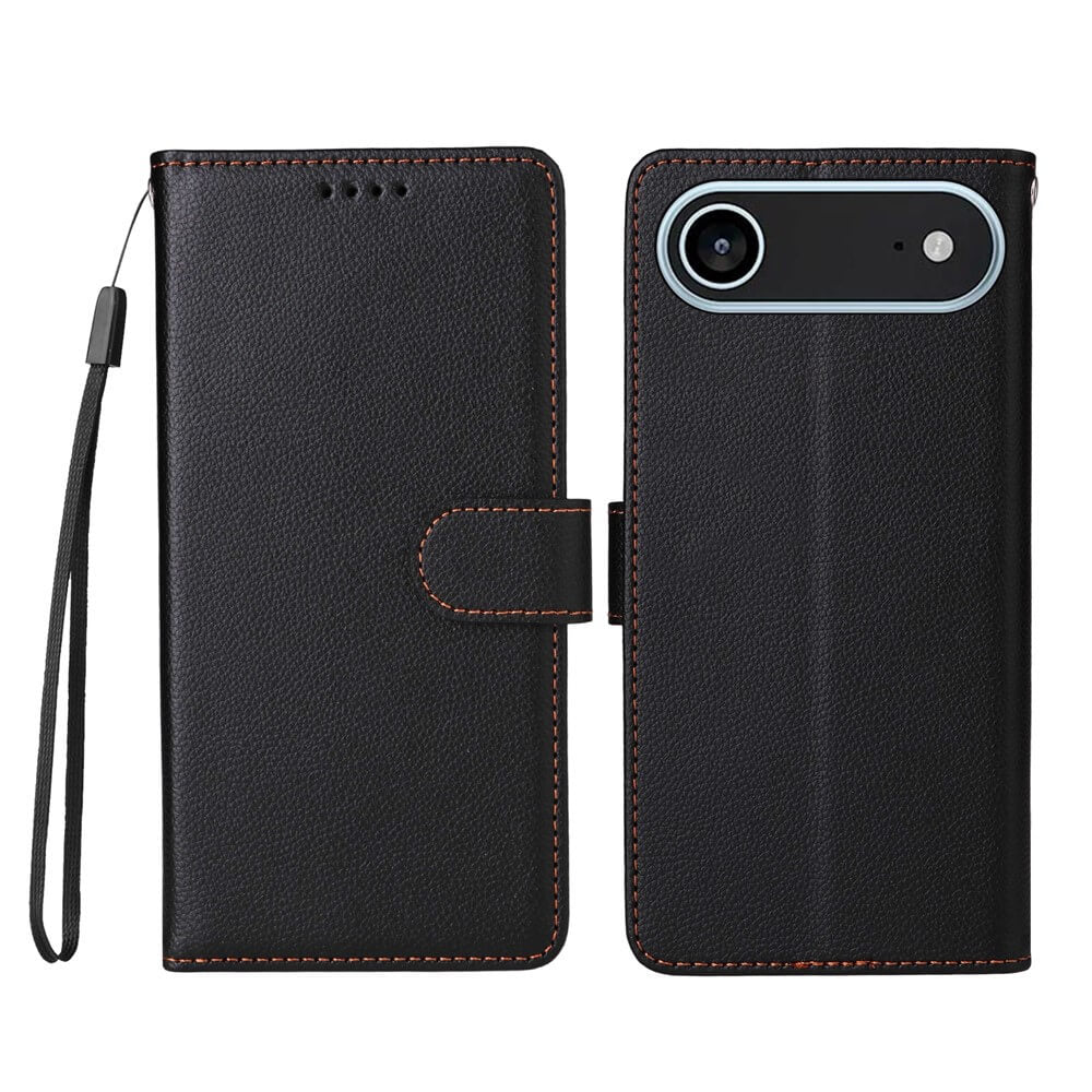 Cover-Discount iPhone 17 Air - Lederoptik-Hülle mit strukturierter Oberfläche, Brieftaschenfunktion und Trageriemen. Zeigt offene/geschlossene Ansicht, Kameraausschnitt und integrierten RFID-Schutz für mehr Sicherheit.