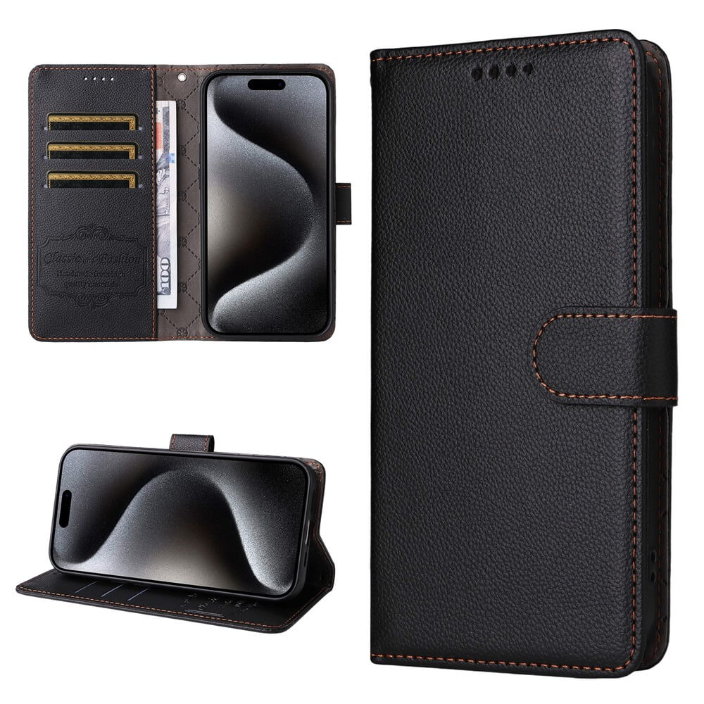Cover-Discount iPhone 17 Air - Lederoptik-Hülle mit strukturierter Oberfläche: RFID-Schutz, Kartenfächer, magnetischer Verschluss, Brieftaschenfunktion und Standfunktion. Abgebildet aus drei Perspektiven.