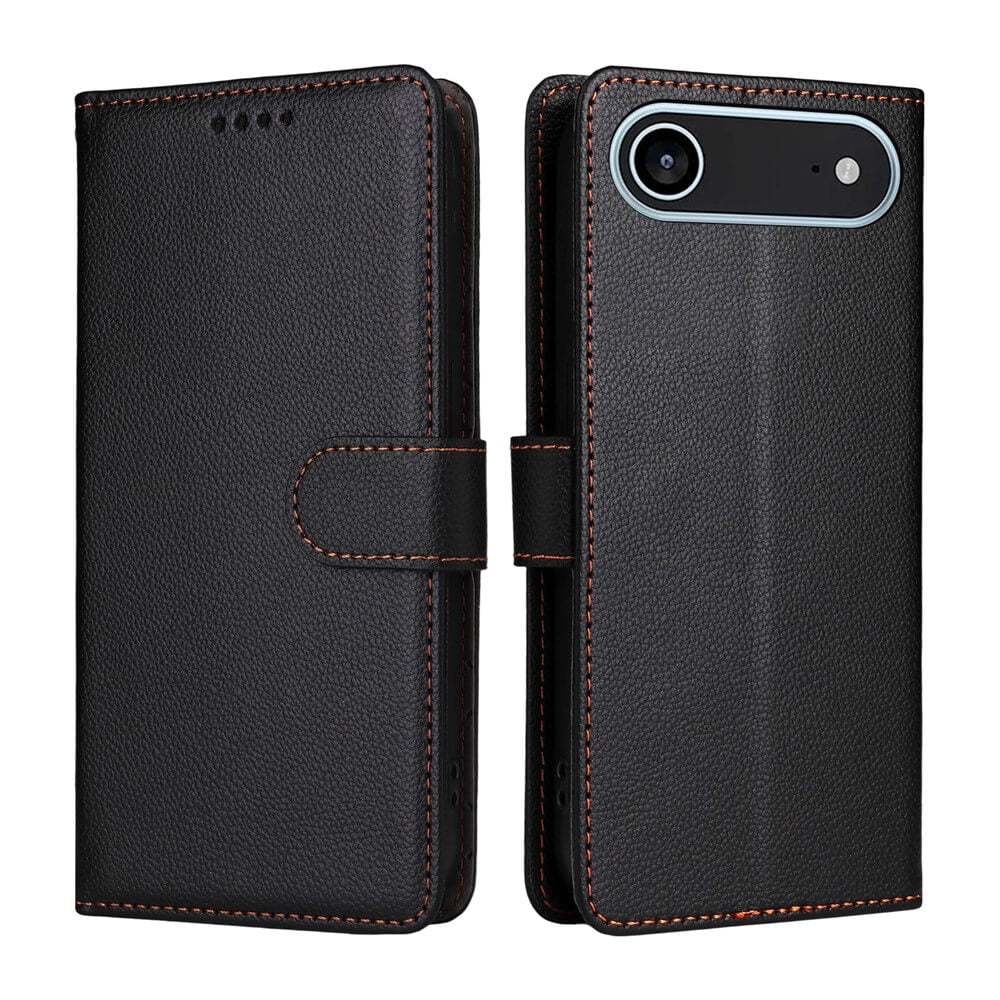 Die Cover-Discount iPhone 17 Air Lederoptik-Hülle mit strukturierter Oberfläche in Schwarz, gezeigt geschlossen von vorne und hinten mit sichtbarer Naht und RFID-Schutz.