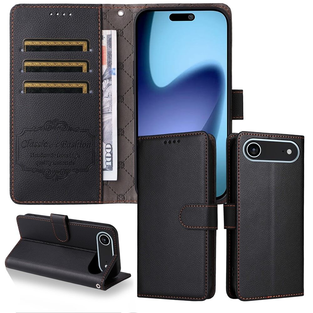 Cover-Discount iPhone 17 Air Lederoptik-Hülle mit strukturierter Oberfläche: Mit Brieftaschenfunktion, RFID-Schutz, Kartenfächern, Geldtasche und faltbarem Standfuß - hält Ihr Smartphone sicher und organisiert.