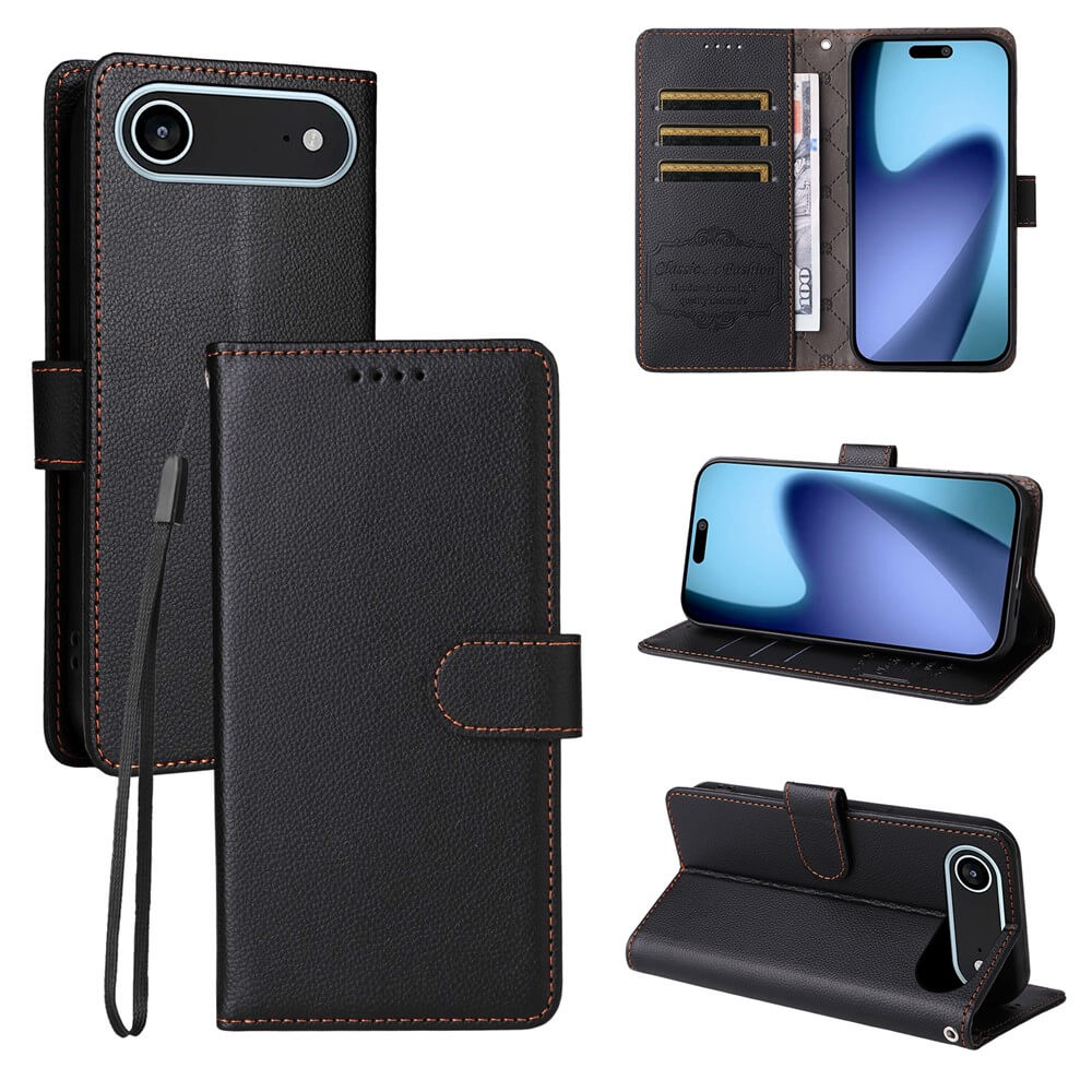 Die Cover-Discount iPhone 17 Air - Lederoptik-Hülle mit strukturierter Oberfläche wird geschlossen gezeigt, offen mit Kartenschlitzen für Brieftaschenfunktion, verwendet als Multi-Winkel-Ständer und verfügt über RFID-Schutz für Sicherheit.