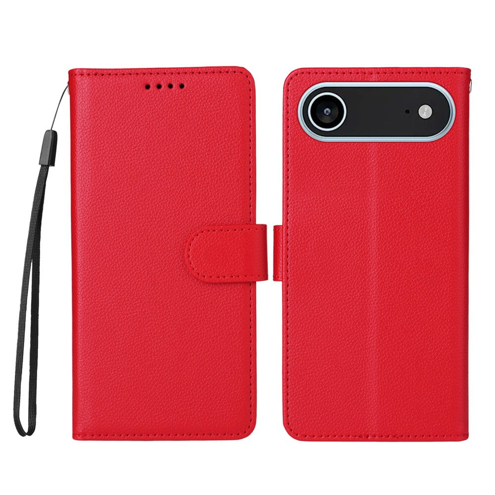 Die Cover-Discount iPhone 17 Air Lederoptik-Hülle mit strukturierter Oberfläche, Wallet Case mit RFID-Schutz, Brieftaschenfunktion, Kameraausschnitt und Handschlaufe - geschlossen und offen gezeigt.