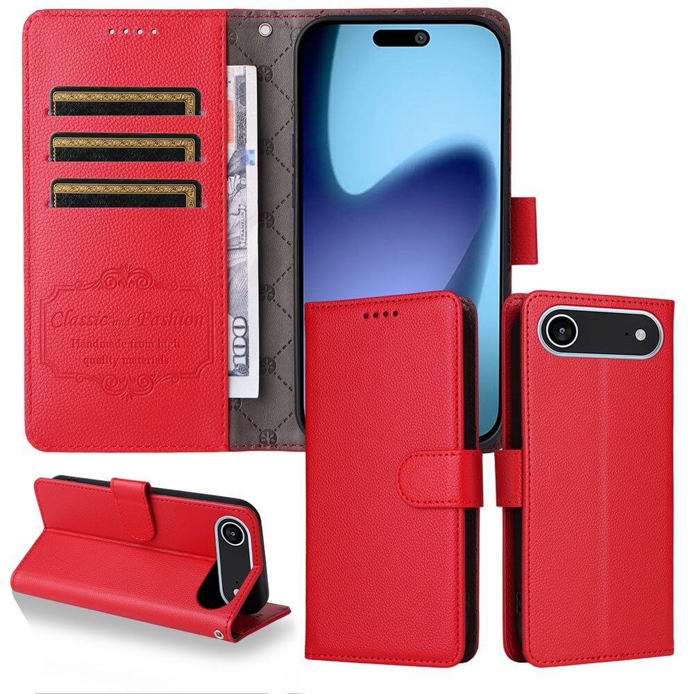 Die iPhone 17 Air Lederoptik-Hülle mit strukturierter Oberfläche von Cover-Discount bietet Brieftaschenfunktion, Kartenfächer und Stand, dargestellt mit Smartphone und Karten im Inneren.