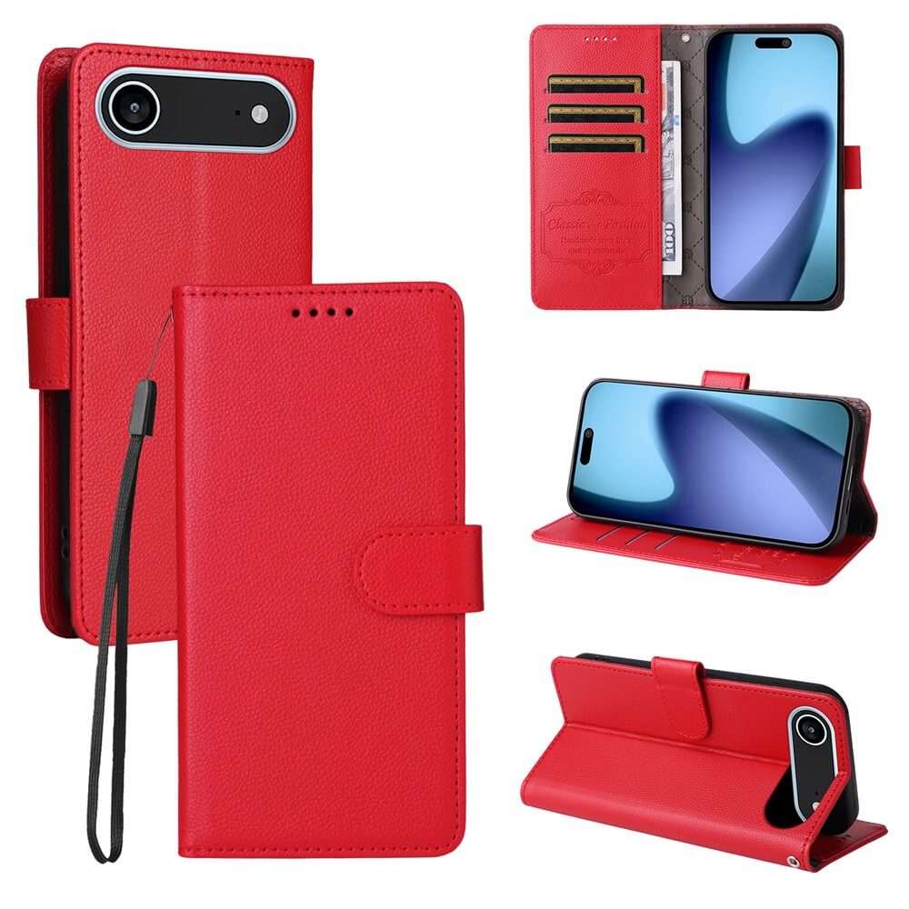 Die Cover-Discount iPhone 17 Air - Lederoptik-Hülle mit strukturierter Oberfläche bietet RFID-Schutz, Kartenfächer, Handriemen und Standfunktion, dargestellt aus verschiedenen Blickwinkeln.