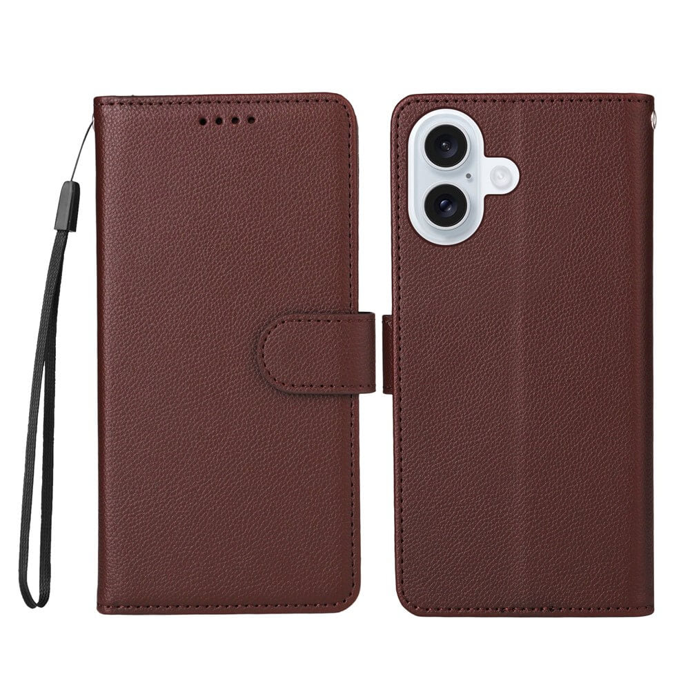 Die Cover-Discount iPhone 17 - Lederoptik-Hülle mit strukturierter Oberfläche bietet RFID-Schutz, Brieftaschenfunktion und Handschlaufe; offen abgebildet mit Sicht auf Vorder- und Rückseite.