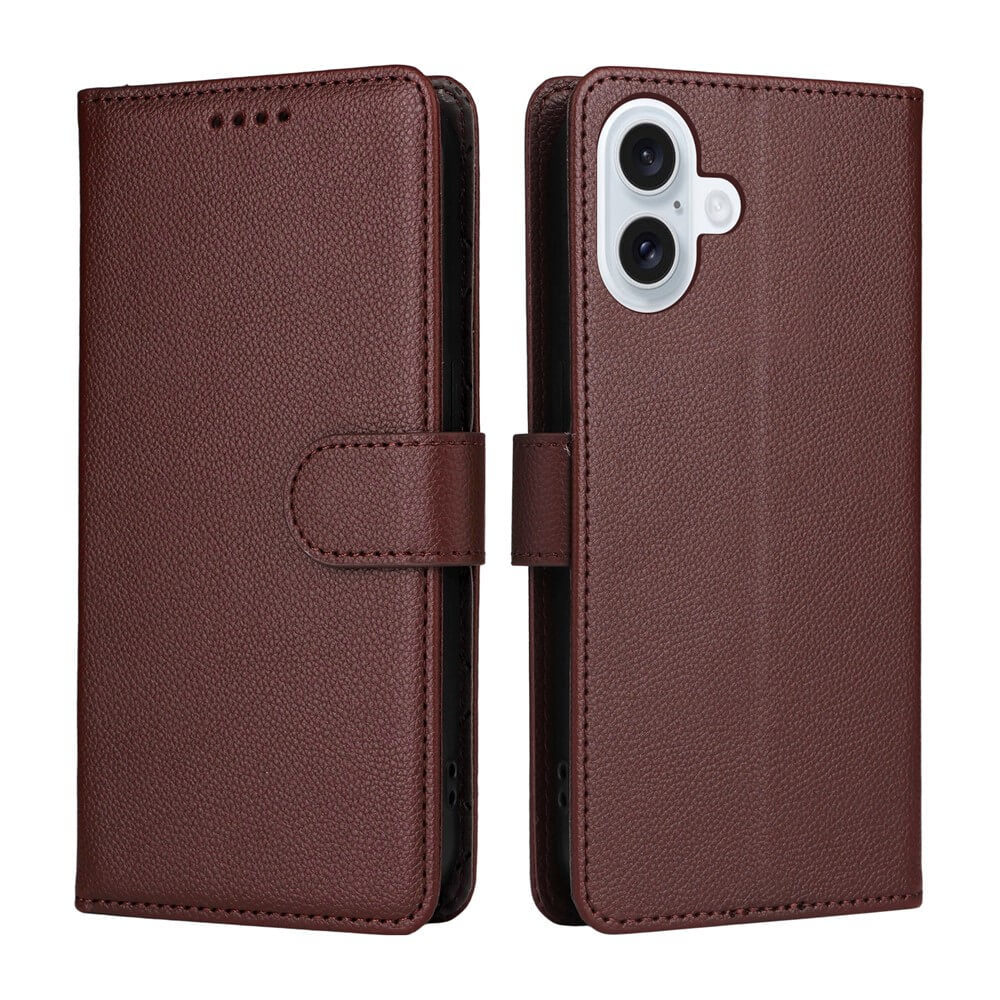 Cover-Discount iPhone 17 - Lederoptik-Hülle mit strukturierter Oberfläche, offen und geschlossen gezeigt, mit Kameraausschnitt, Magnetverschluss, Brieftaschenfunktion und RFID-Schutz für zusätzliche Sicherheit.