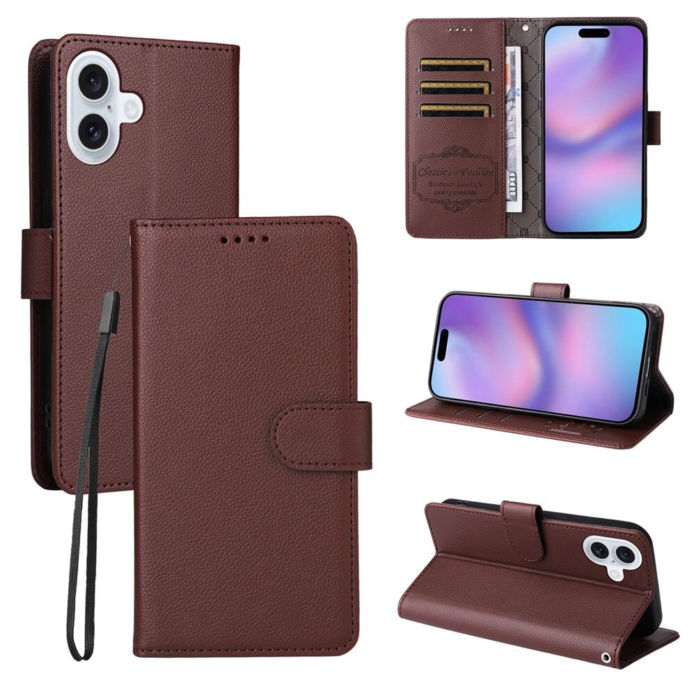 IPhone 17 Lederoptik-Hülle mit strukturierter Oberfläche von Cover-Discount: RFID-Schutz, Brieftaschenfunktion, Kartenfächer, Handgelenkband und Standfunktion - stilvoll präsentiert.