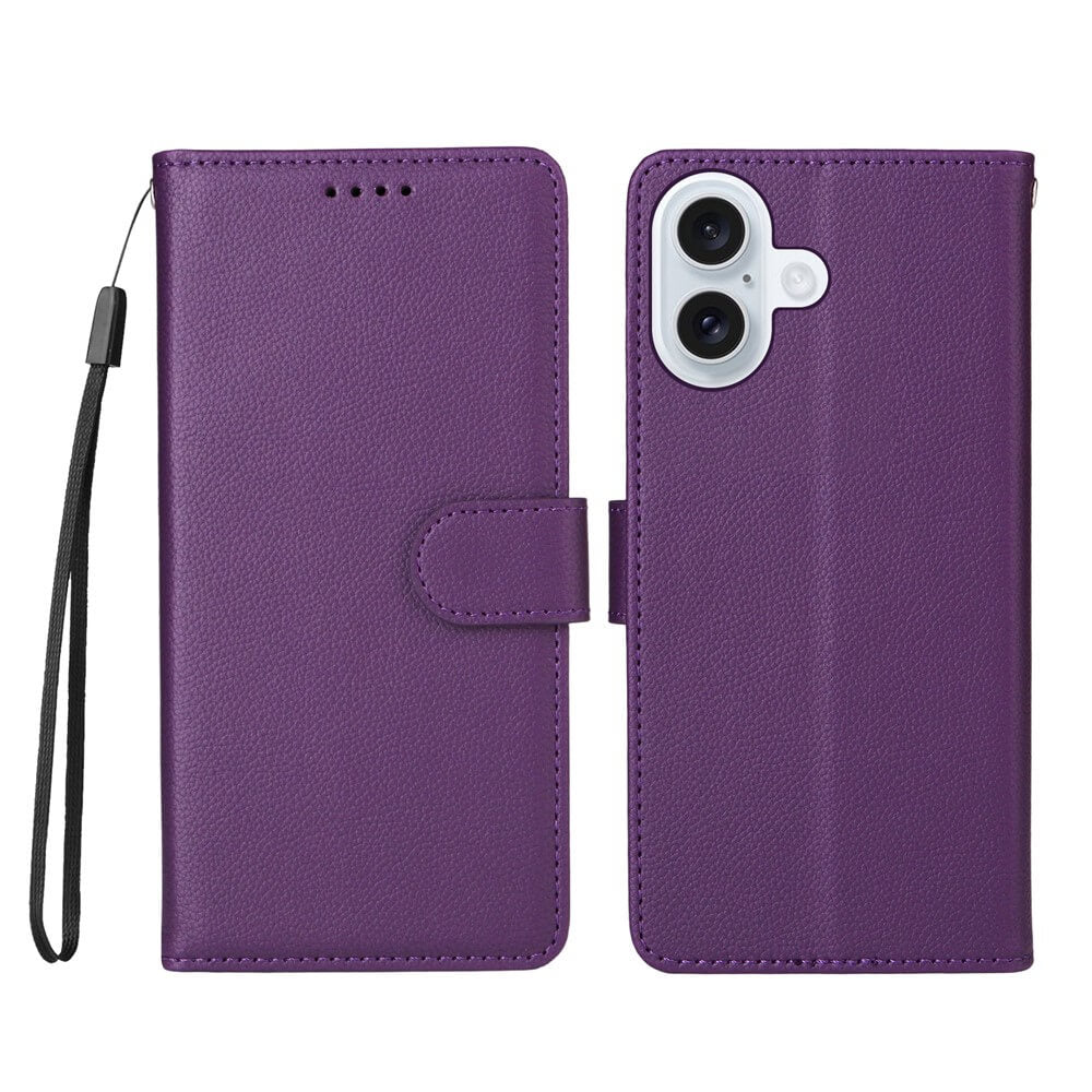Cover-Discount iPhone 17 Lederoptik-Hülle mit strukturierter Oberfläche, Brieftaschenfunktion, Kameraschutz und RFID-Schutz. Wird geschlossen und geöffnet gezeigt, mit praktischem Tragegurt.