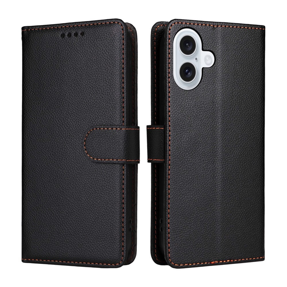 Cover-Discount iPhone 17 - Lederoptik-Hülle mit strukturierter Oberfläche zeigt sichtbare braune Nähte und Brieftaschenfunktion. Mit RFID-Schutz für mehr Sicherheit, hier geschlossen aus Vorder- und Rückansicht abgebildet.