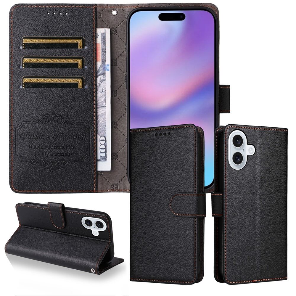 Die Cover-Discount iPhone 17 - Lederoptik-Hülle mit strukturierter Oberfläche bietet RFID-Schutz, Kartenfächer, ein Geldfach, Brieftaschenfunktion und eine praktische Standfunktion für Ihr Smartphone.