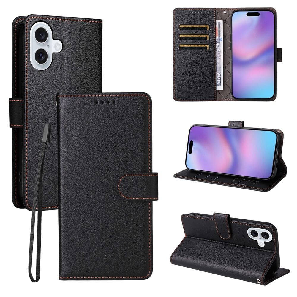 Cover-Discount iPhone 17 - Lederoptik-Hülle mit strukturierter Oberfläche, Brieftaschenfunktion, Kartenfächern, Standfuß und RFID-Schutz; in Schwarz aus mehreren Perspektiven gezeigt.
