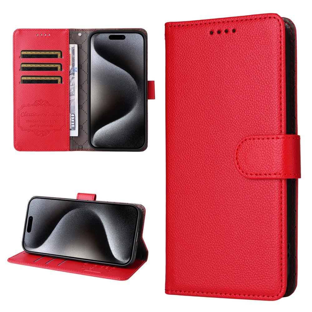Cover-Discount iPhone 17 Lederoptik-Hülle mit strukturierter Oberfläche, Brieftaschenfunktion, RFID-Schutz und Kartenschlitzen - geschlossen, geöffnet und als Handy-Ständer gezeigt.