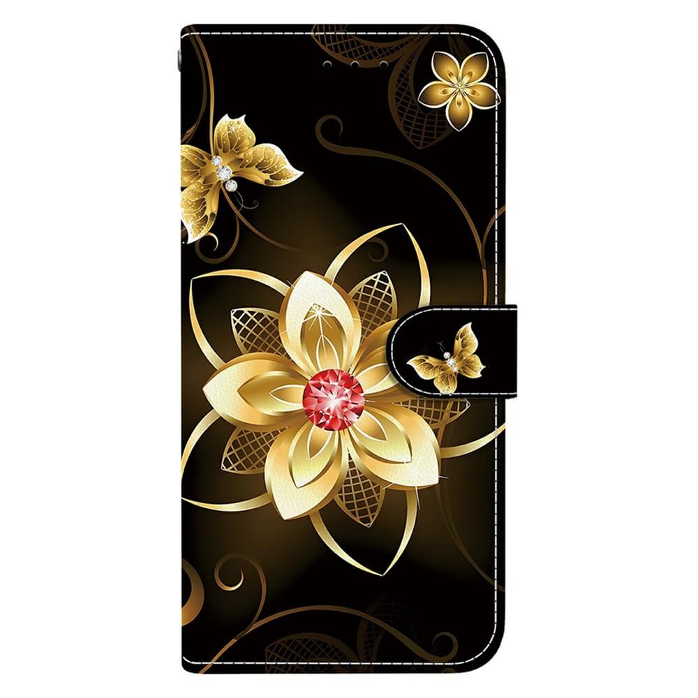 Elegante Cover-Discount Hülle für iPhone 17 mit goldenem Blumen- und Schmetterlingsmotiv auf Schwarz sowie rotem Edelstein im Blütenzentrum - stilvoller Schutz von Cover-Discount.