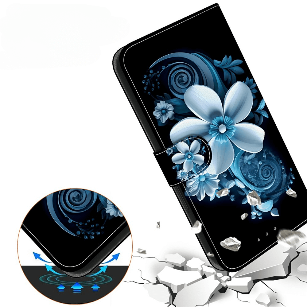 Die Cover-Discount iPhone 17 - Tasche Hülle mit Motiv hat ein blaues Blumendesign und schützt Ihr Handy vor Stößen und Scherben.