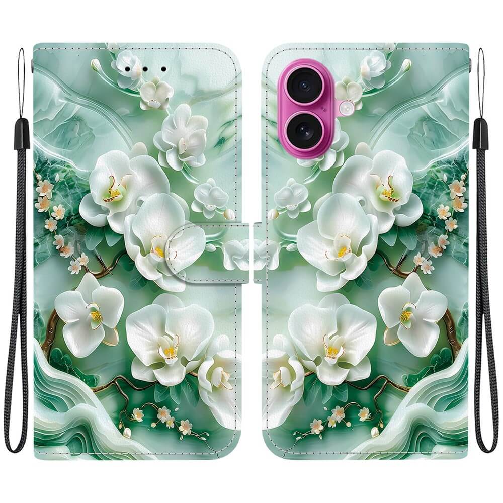 Elegante Cover-Discount iPhone 17 Tasche Hülle mit floralem Design: weiße Orchideen auf grünem Hintergrund, dazu praktische Handschlaufen an beiden Seiten.