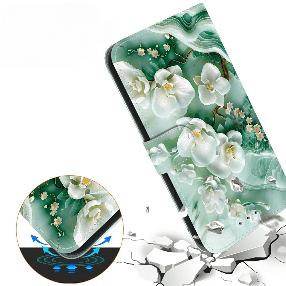 Grüne Handytasche mit weißen Blumen, die ein Telefon auf einer zerbrochenen Oberfläche schützt - diese Cover-Discount iPhone 17 - Tasche Hülle mit Motiv bietet sowohl ein stilvolles Aussehen als auch zuverlässigen Schutz.