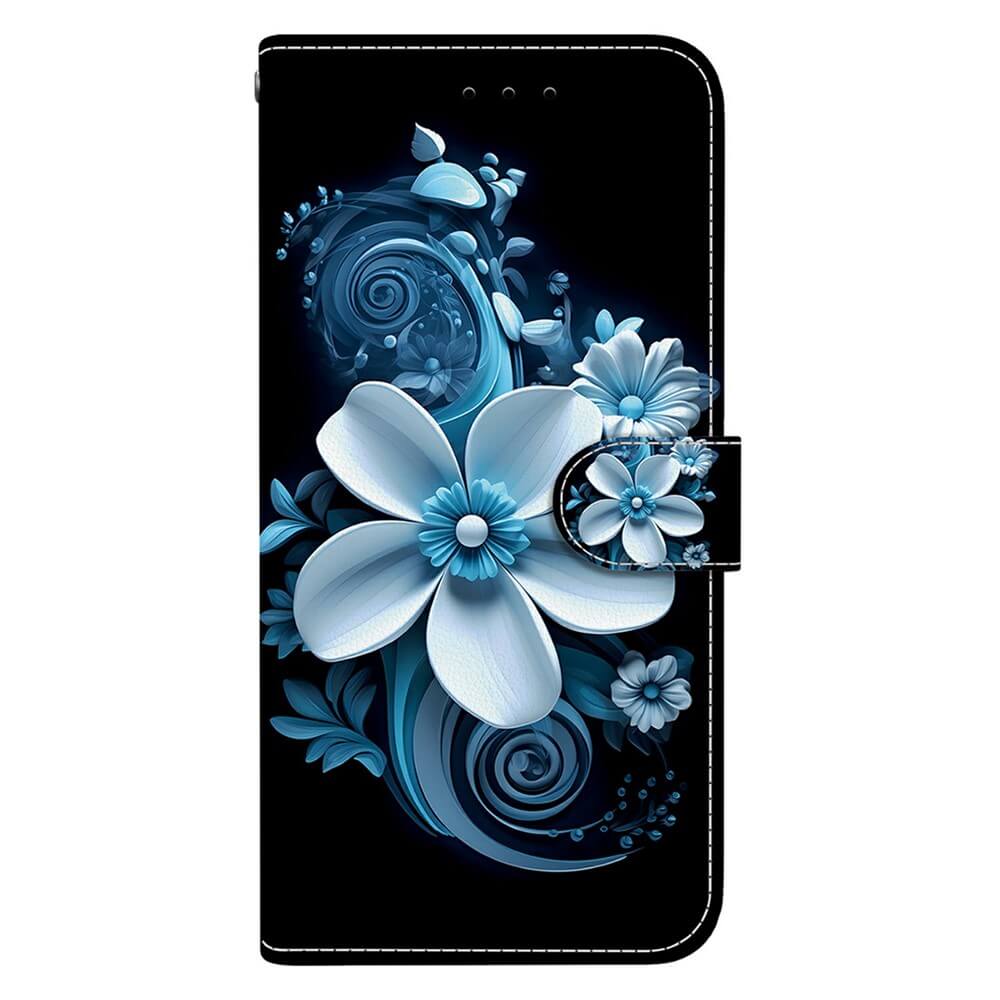 Die Cover-Discount iPhone 17 Air Handytasche Klapphülle bietet mit blau-weißem Blumenmotiv auf schwarzem Grund stilvollen Schutz und Eleganz für Ihr Gerät.
