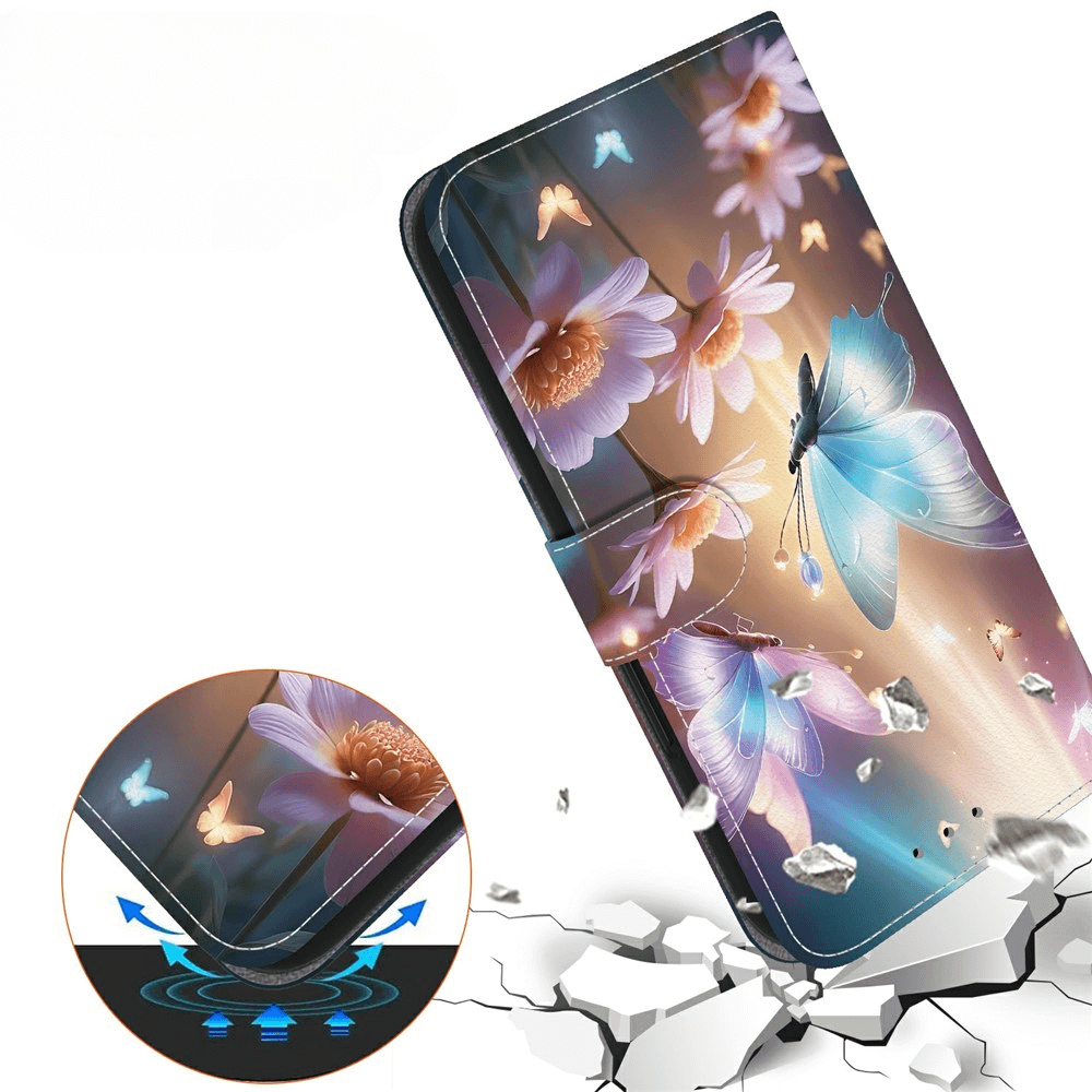 Die Cover-Discount iPhone 17 Air Klapphülle mit blauem Schmetterlings- und Blumenmotiv schützt Ihr Handy stilvoll vor Stößen und Schäden.
