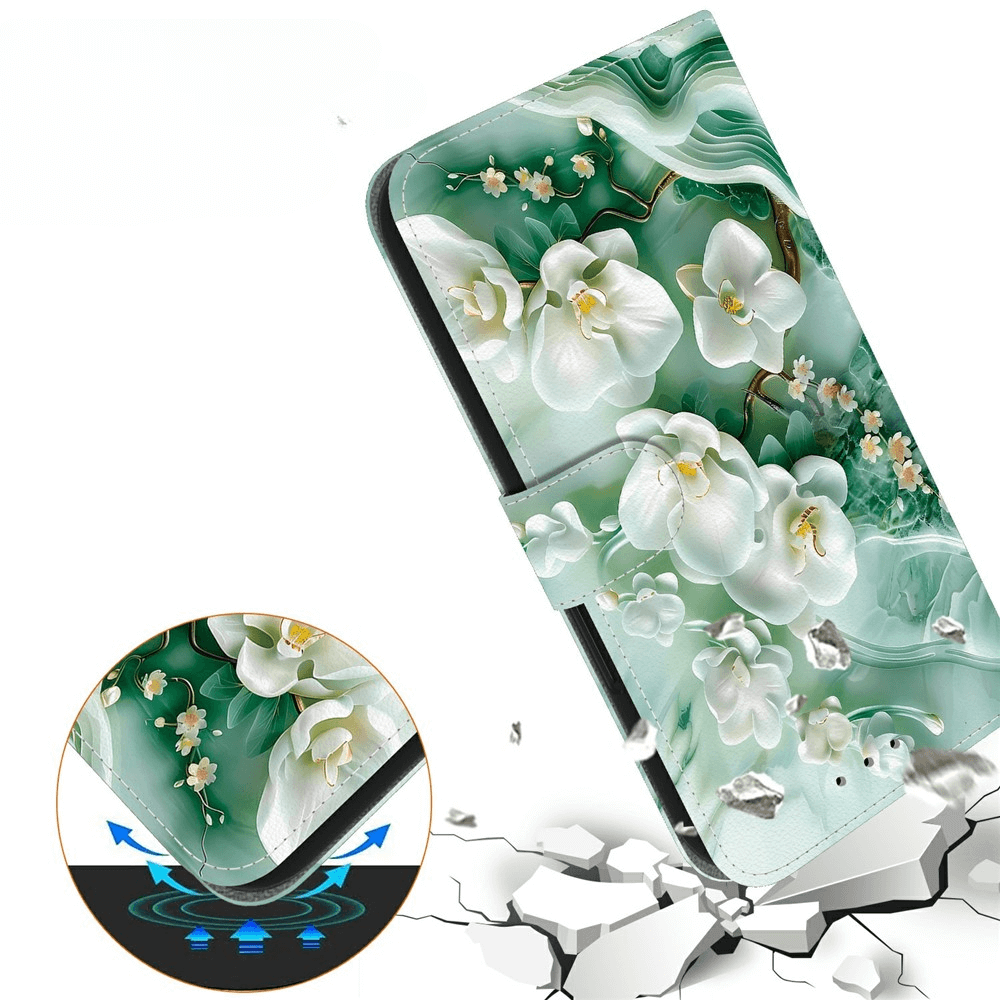 Die Cover-Discount iPhone 17 Air - Handytasche Klapphülle Motiv zeigt ein grünes Blumendesign mit weißen Orchideen, das Ihr Gerät stilvoll vor Stößen schützt und gleichzeitig Eleganz und Haltbarkeit bietet.