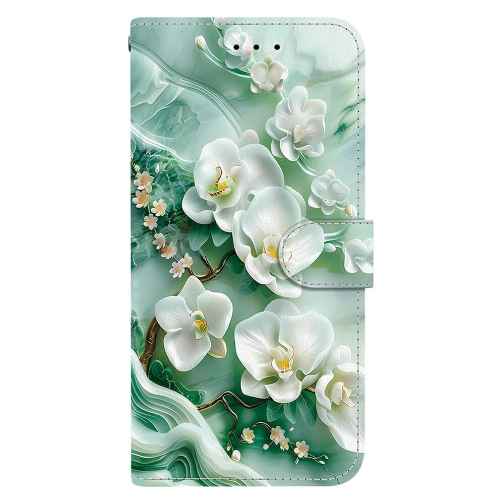 Die iPhone 17 Air Handytasche Klapphülle von Cover-Discount überzeugt mit grünem Marmor-Hintergrund, weißen Orchideen im 3D-Design - der perfekte Schutz für Ihr iPhone!.