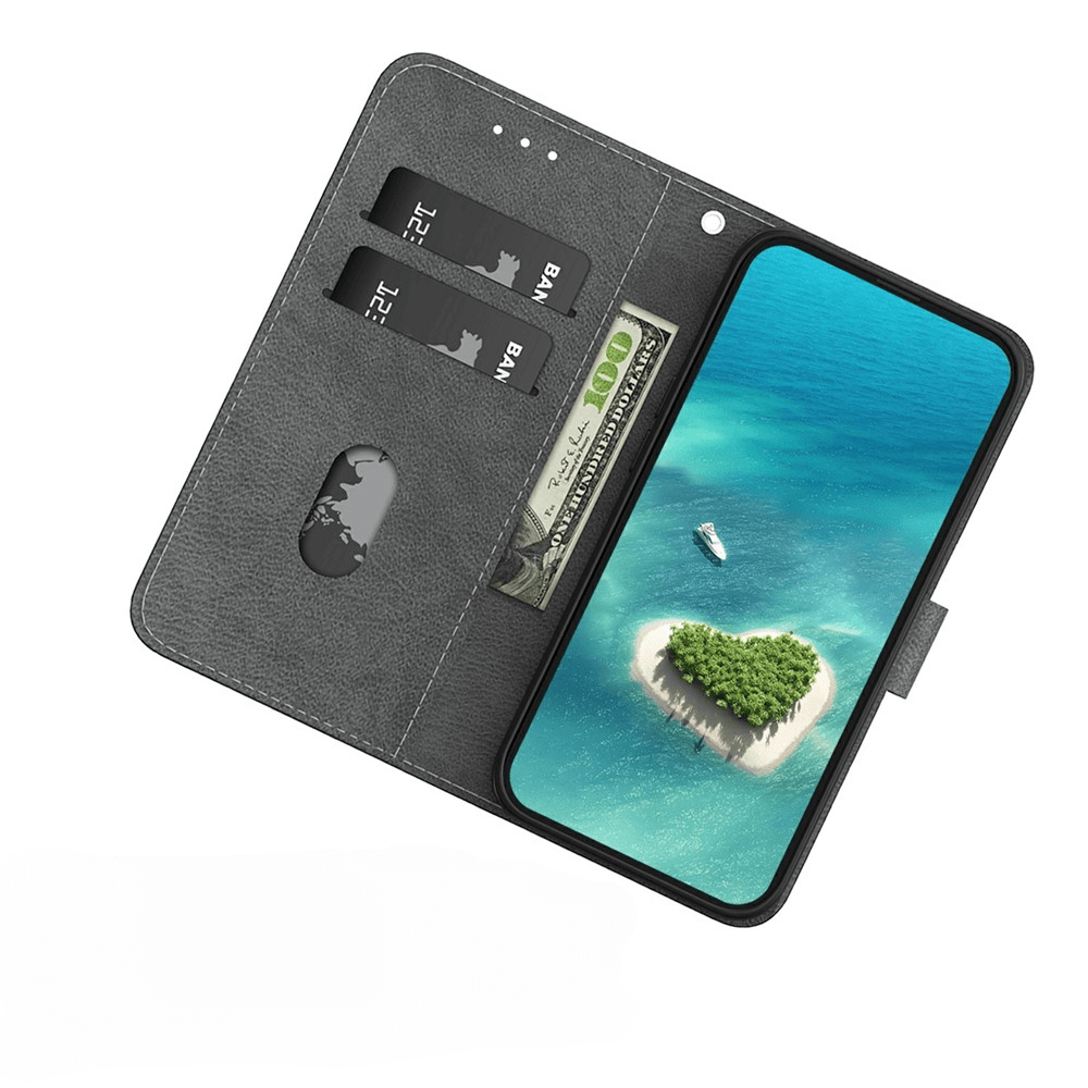 #farbe_magnolia|Handytasche offen mit Karten, Bargeld und einem Telefon, das eine herzförmige Insel zeigt-die Cover-Discount iPhone 17 Pro - Handytasche Klapphülle Motiv vereint Stil und Funktionalität in einer perfekten Hülle.