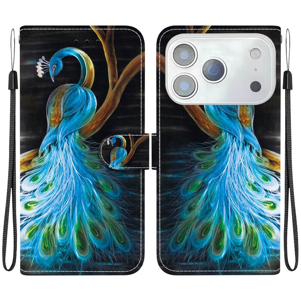 Die Cover-Discount iPhone 17 Pro Max - Handytasche Klapphülle Motiv verfügt über ein blaues Pfauendesign, Handgelenkschlaufen und einen Kameraausschnitt auf der rechten Seite - ein stilvoller Schutz für Ihr iPhone 17 Pro Max.