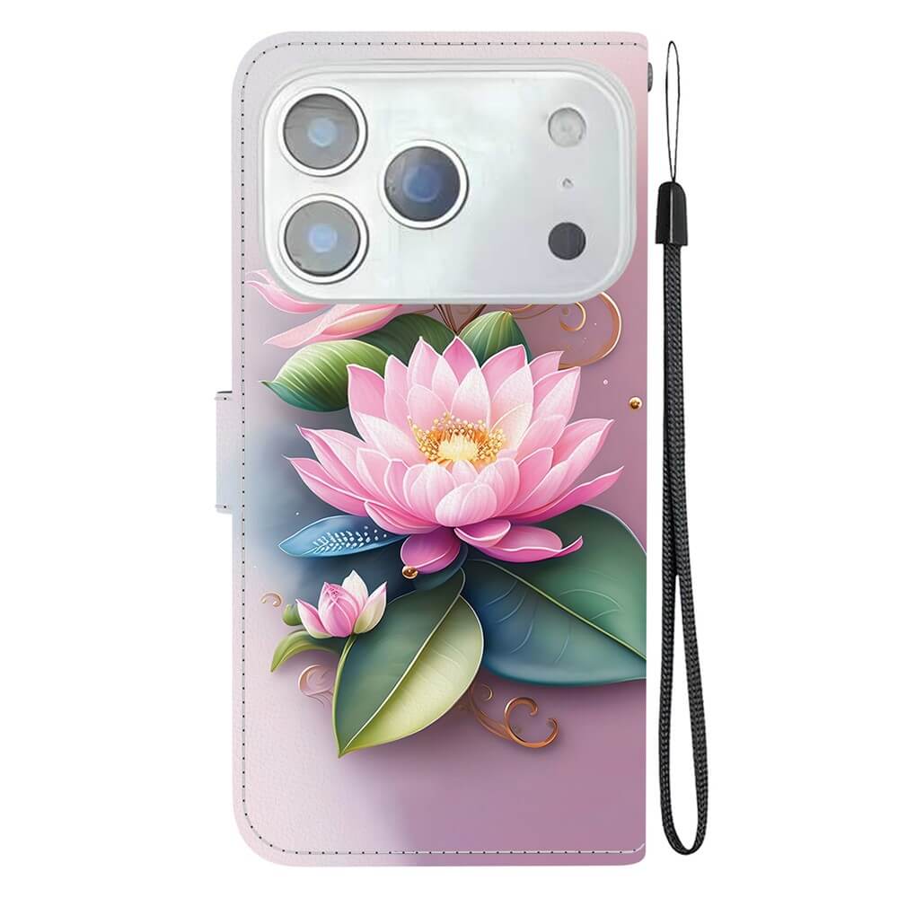 Die Cover-Discount iPhone 17 Pro Max Handytasche Klapphülle Motiv zeigt ein pinkes Lotusblumen-Design mit grünen Blättern und schwarzem rechten Trageband - perfekt für Ihr Smartphone geeignet.
