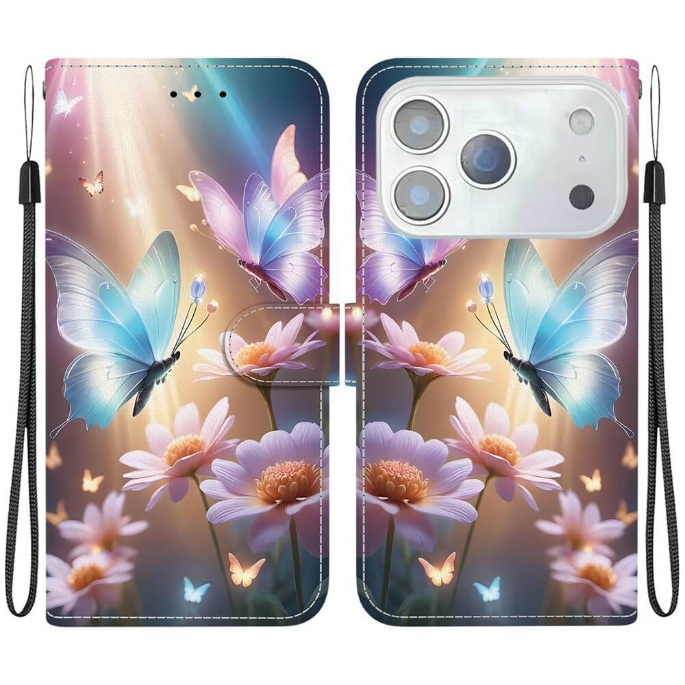 Die Cover-Discount iPhone 17 Pro Max - Handytasche Klapphülle Motiv zeigt blaue Schmetterlinge und rosafarbene Blumen in sanftem, leuchtendem Licht mit passenden Armbändern - perfekt als stilvolle Hülle mit Motiv oder Ledertasche für Ihr Handy.