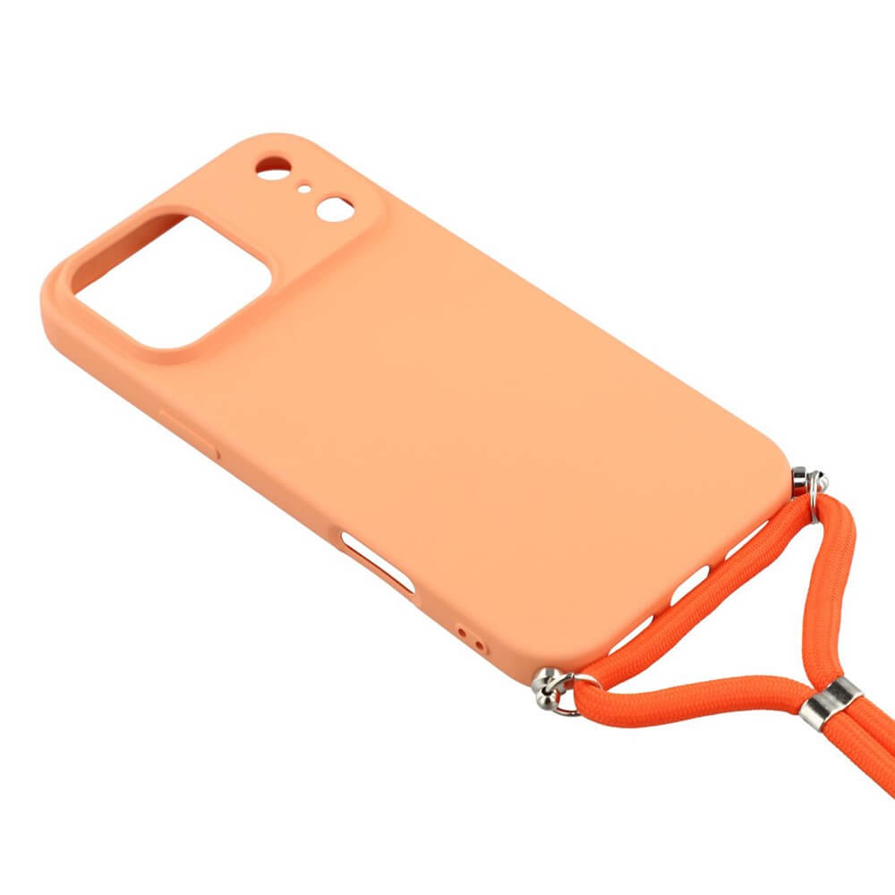 Die Cover-Discount iPhone 17 Pro Max - Hülle mit Umhängeband verfügt über eine pfirsichfarbene Silikonhülle mit präzisen Kameraausschnitten und einem orangen Umhängeband.